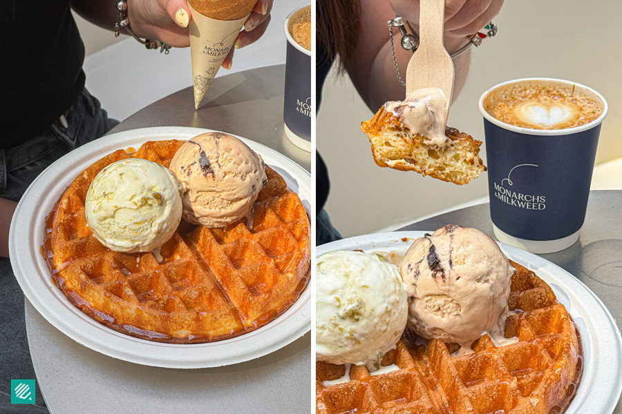 Citrus Pistachio Swirl and Cremino on a waffle, Hot Latte 