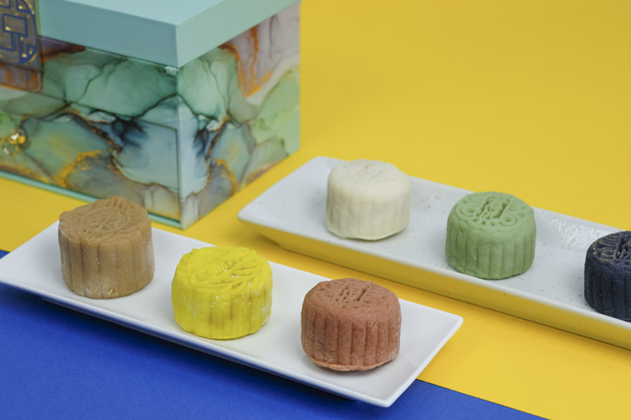 Snowskin Mooncakes of different colours and flavours