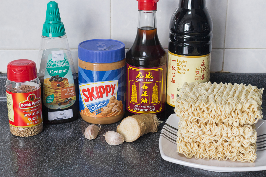Ingredients need to make peanut butter maple syrup. Includes: maple syrup, peanut butter, sesame oil, soy sauce, instant noodles, ginger, garlic and sesame seeds