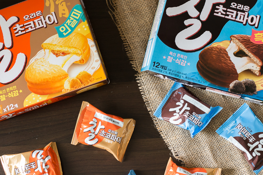 Flatlay of Injeolmi and Black Sesame Choco Pie Korean Snacks