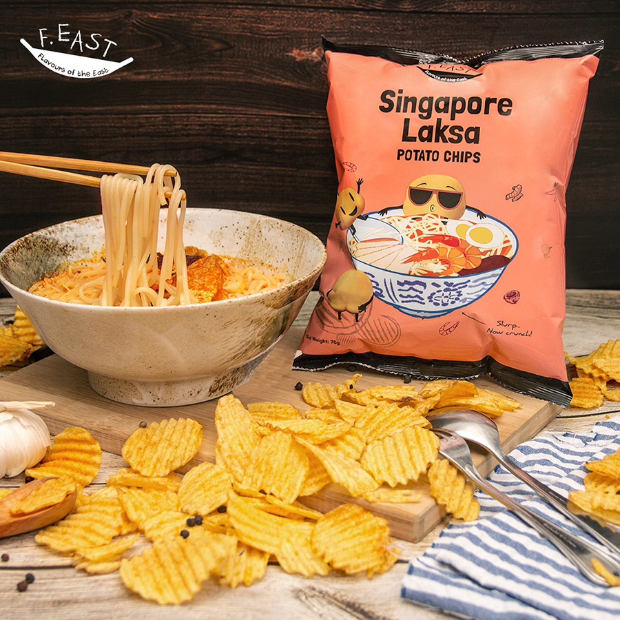 Singapore Laksa Chips and a bowl of singaporean laksa