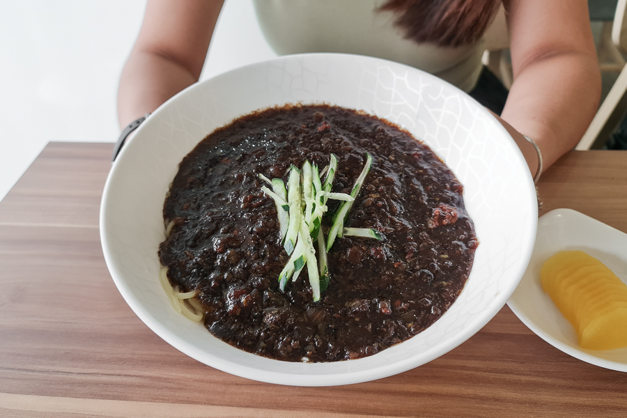 a bowl of black bean noodles, aka Jjajangmyeon