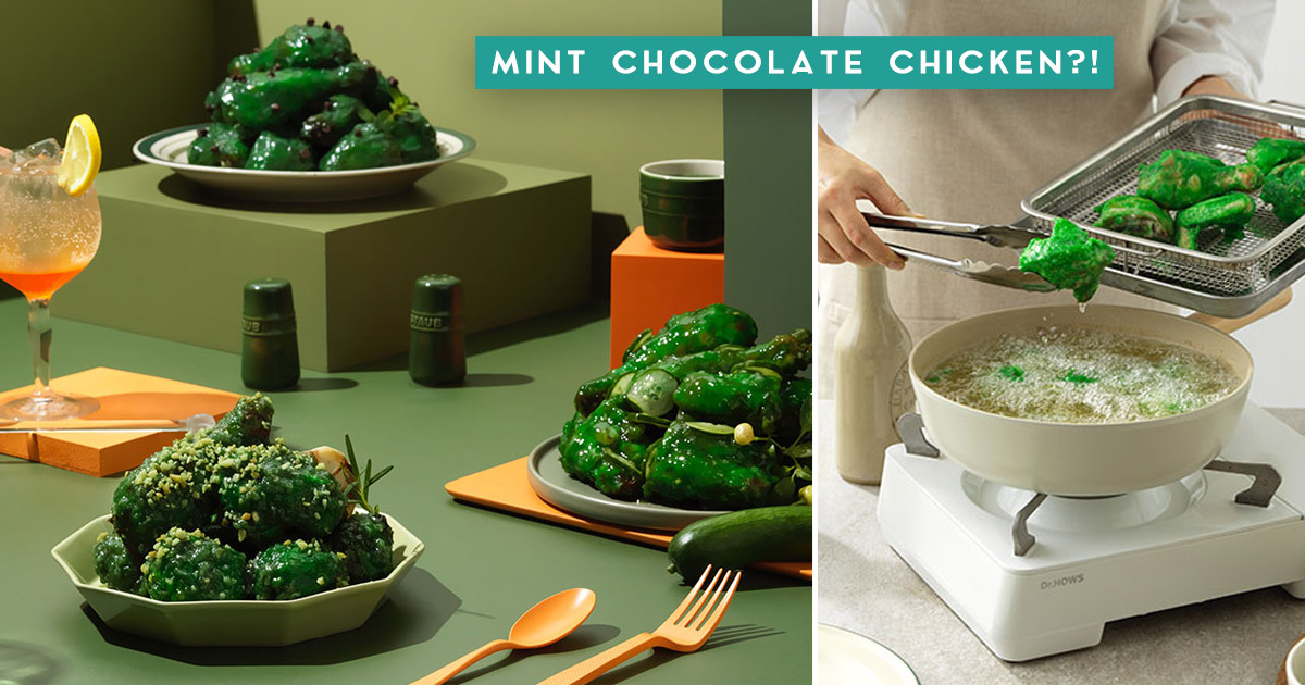 Green Coloured Korean Fried Chicken Tossed In Mint Chocolate And