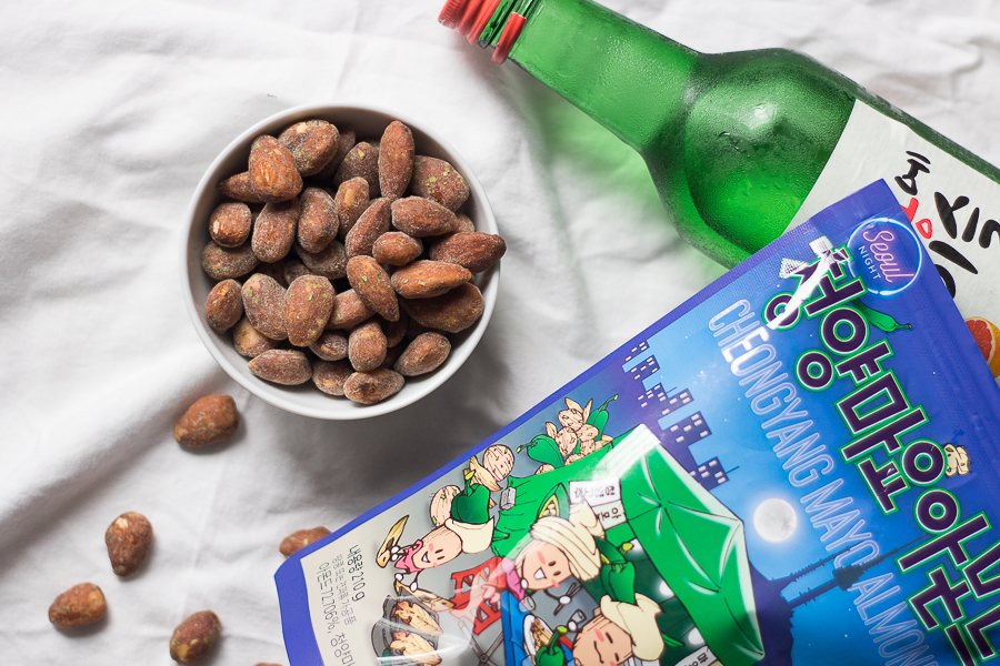 Cheongyang Mayo Almond from Korea with a bottle of soju