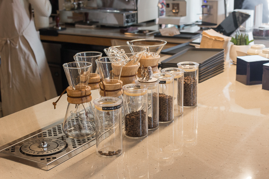 Coffee counter filled with chemex drip coffee at Perception Coffee in Seoul