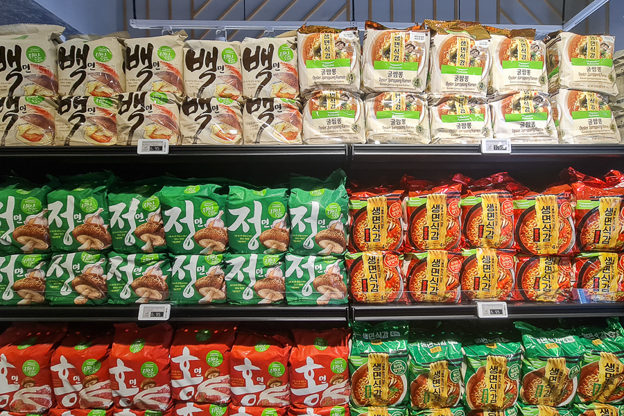 Different types of Korean Instant Noodles sold in a Korean mart at Orchard