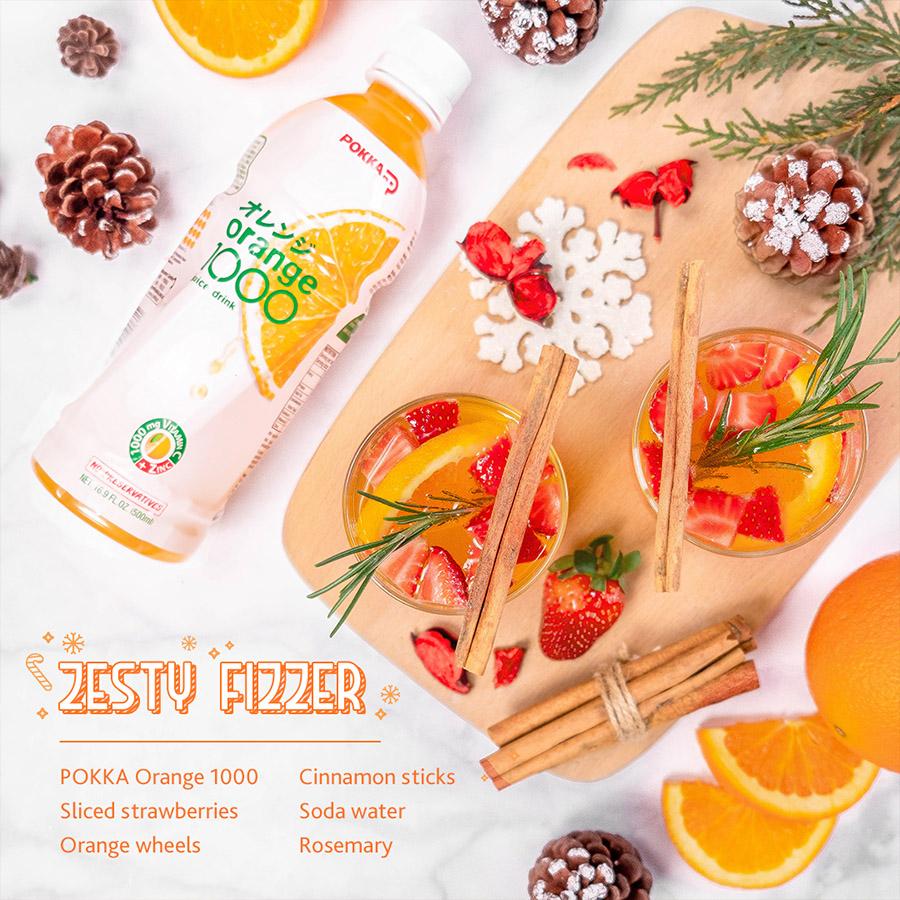 Christmas Mocktail made using POKKA's Orange 1000 Drink