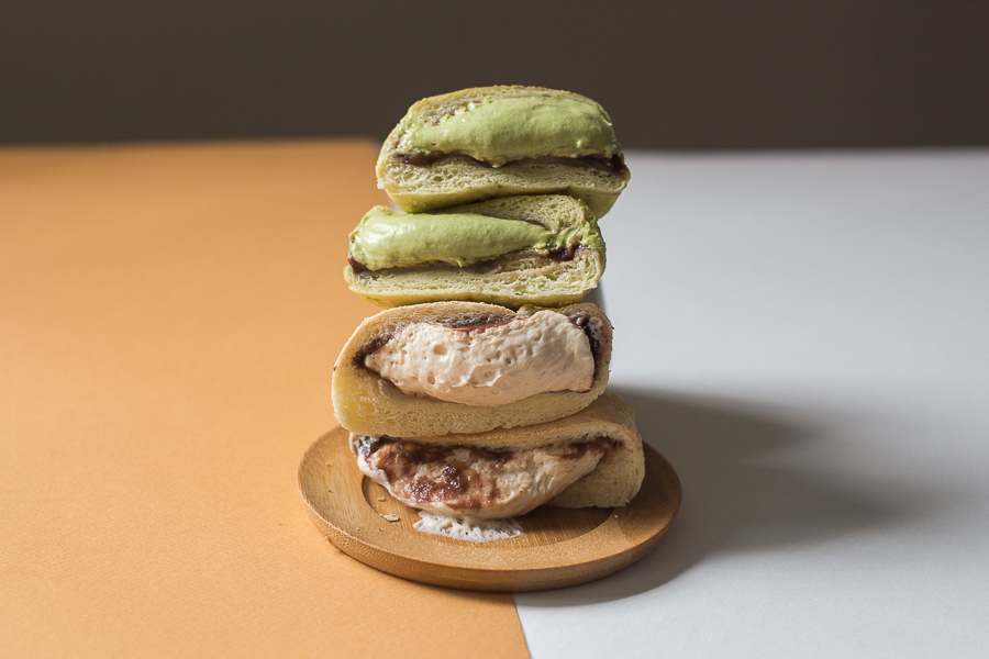 Cross section of injeolmi and matcha red bean cream buns