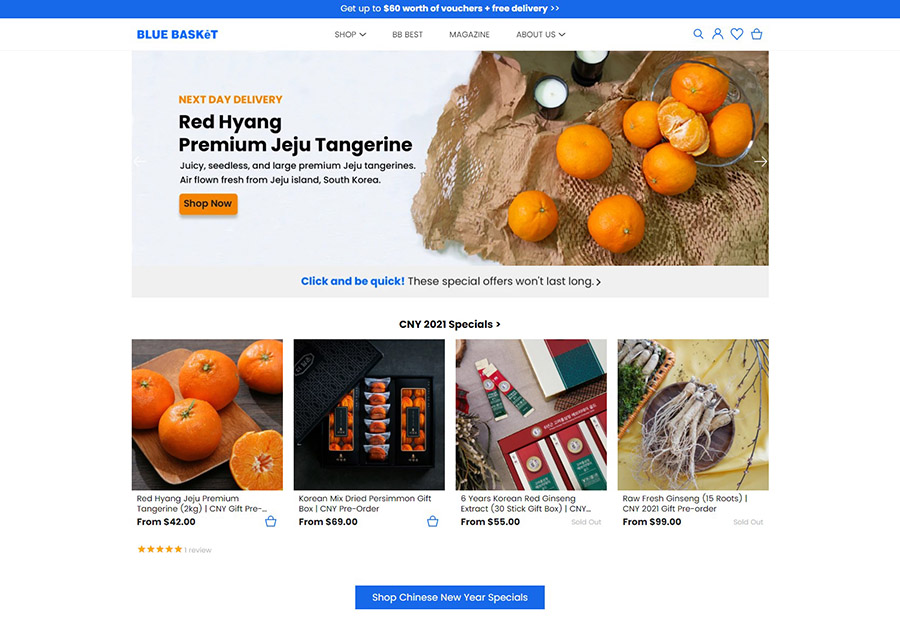 A screen capture of a Korean Lifestyle Marketplace, BlueBasket