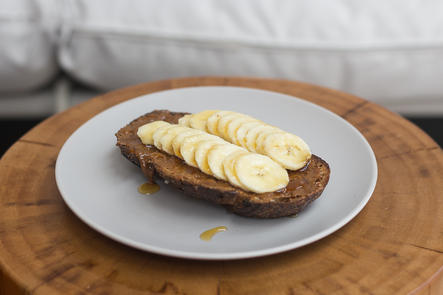 A plate of banana nut butter toast