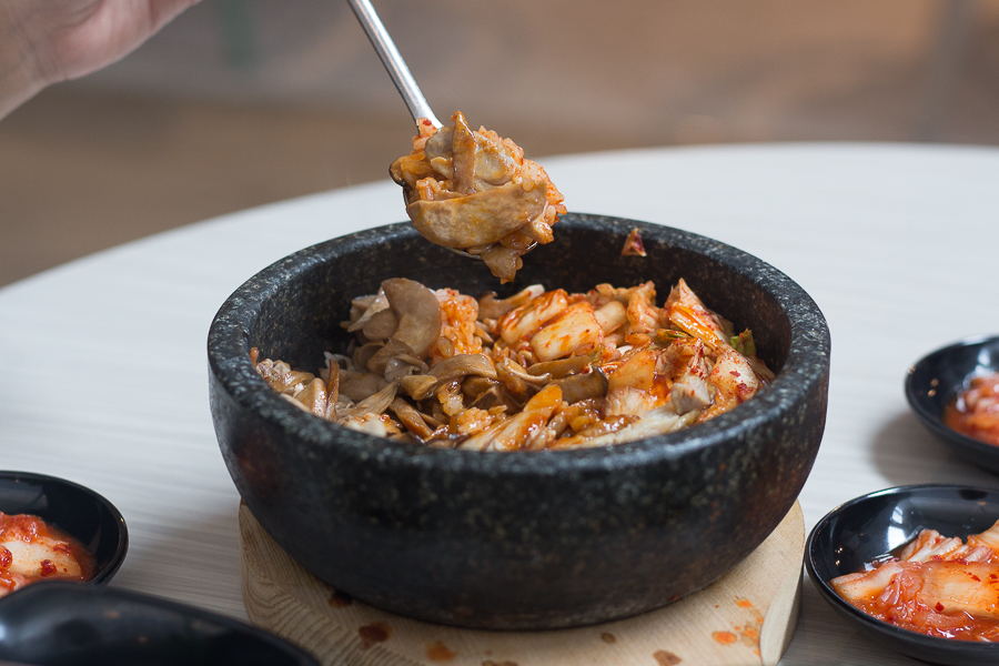 DIY Bibimbap with Grilled Chicken Thigh, Kimchi and Mushrooms