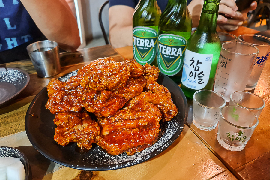 Korean Yangnyeom Fried Chicken with Soju and Beer