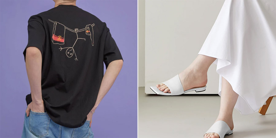 A collage of CPGN Studio Laundry Line Stickman T-shirt and Young Bridge Elva Sandal