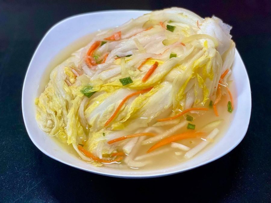White kimchi or non-spicy kimchi served on a plate
