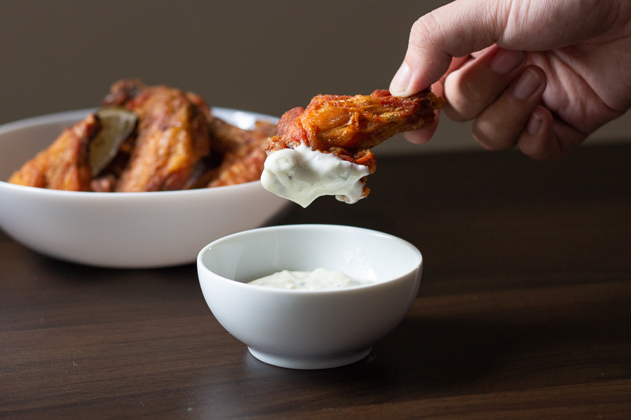 House wings dipped in blue cheese sauce