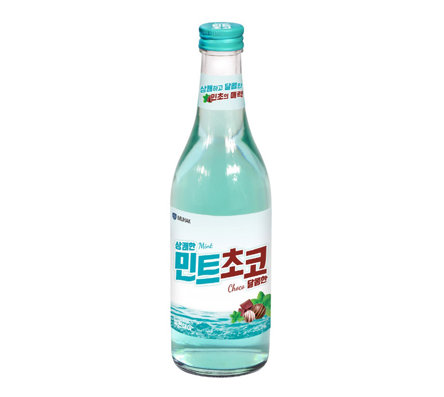 A bottle of mint chocolate flavoured soju