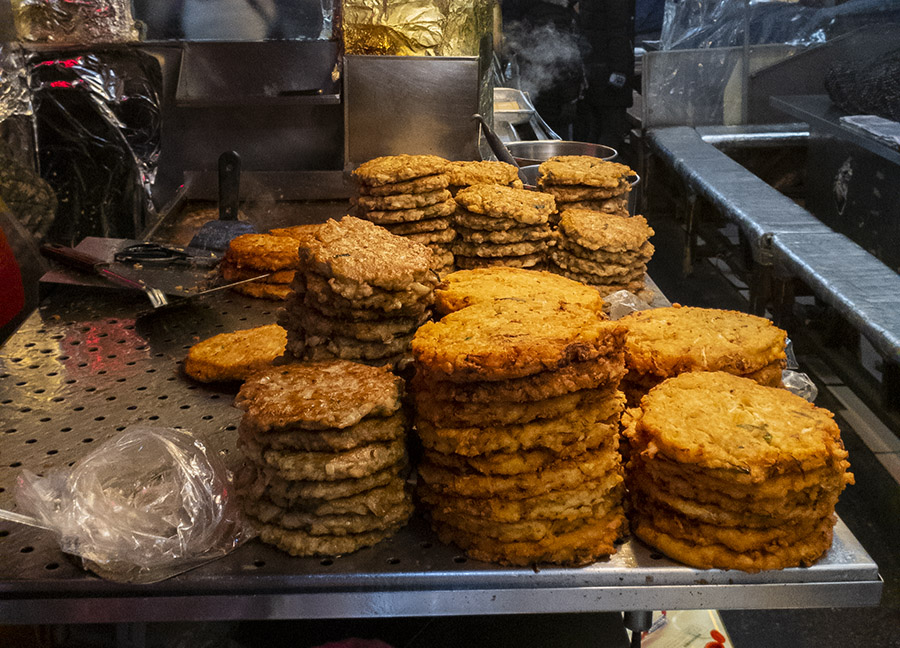 Stacks of Mung Bean pancake in a traditional Korean market