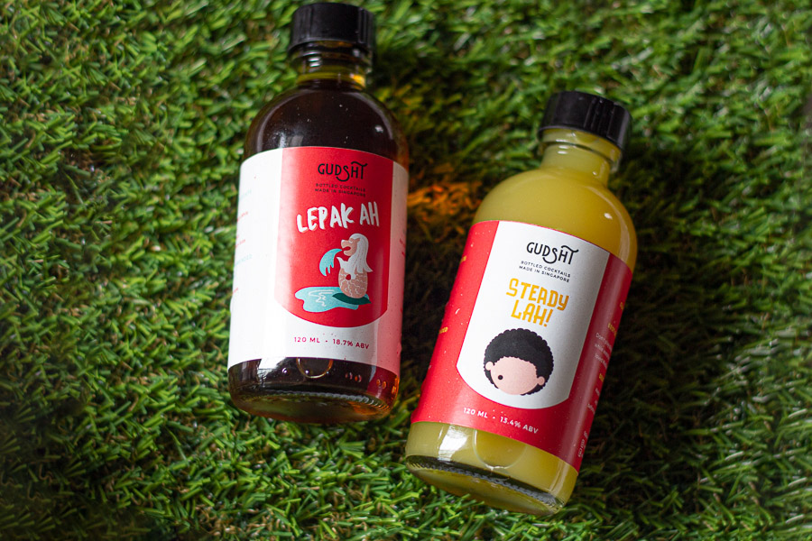 GudSht Bottled Cocktails, 'Lepak Ah' and 'Steady Lah' on grass