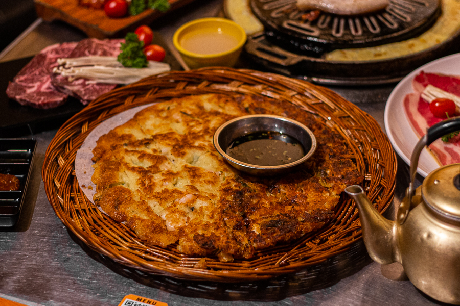 Half Kimchi Pancake and Half Seafood Pancake