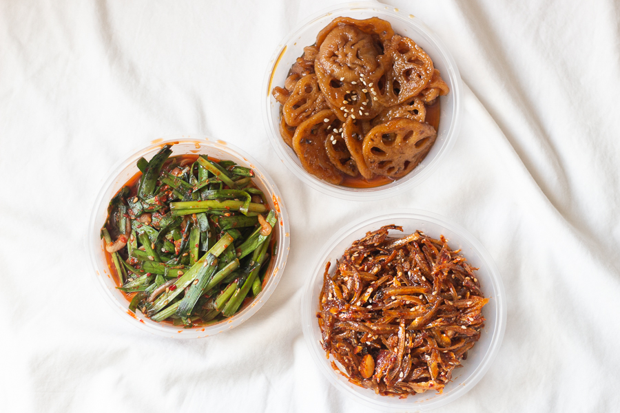 Chive Kimchi, Braised Lotus Roots and Stir-Fried Anchovies