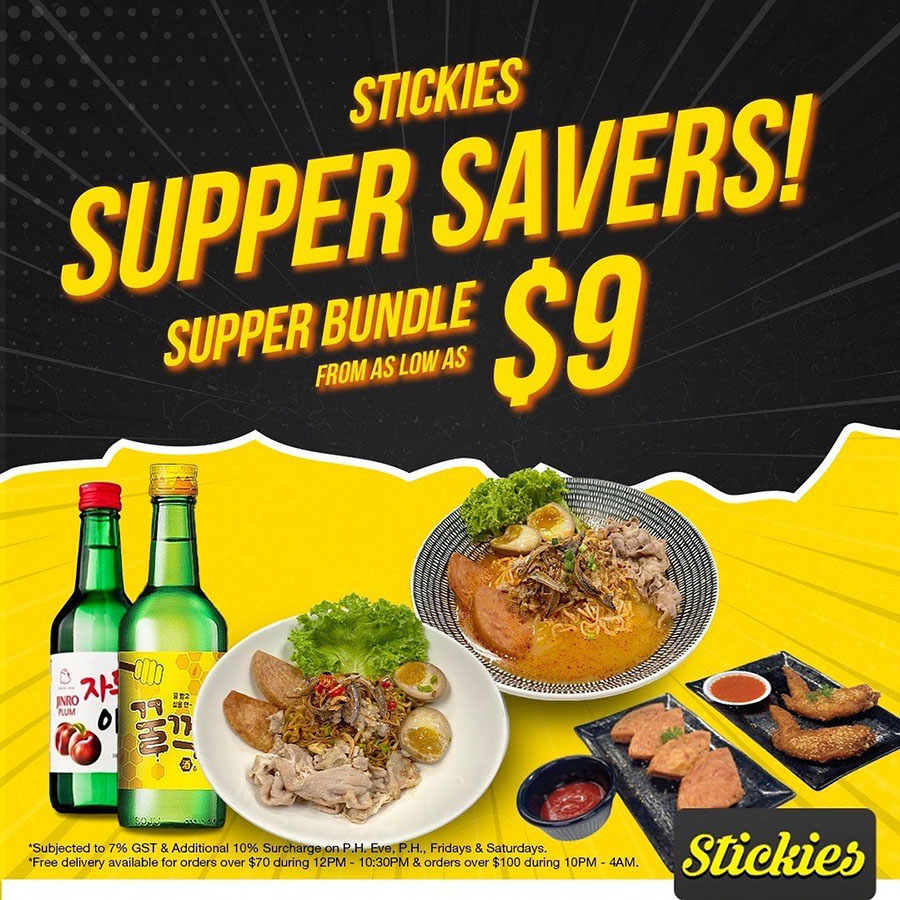 A promotional banner from Stickies Bar for Soju and Supper