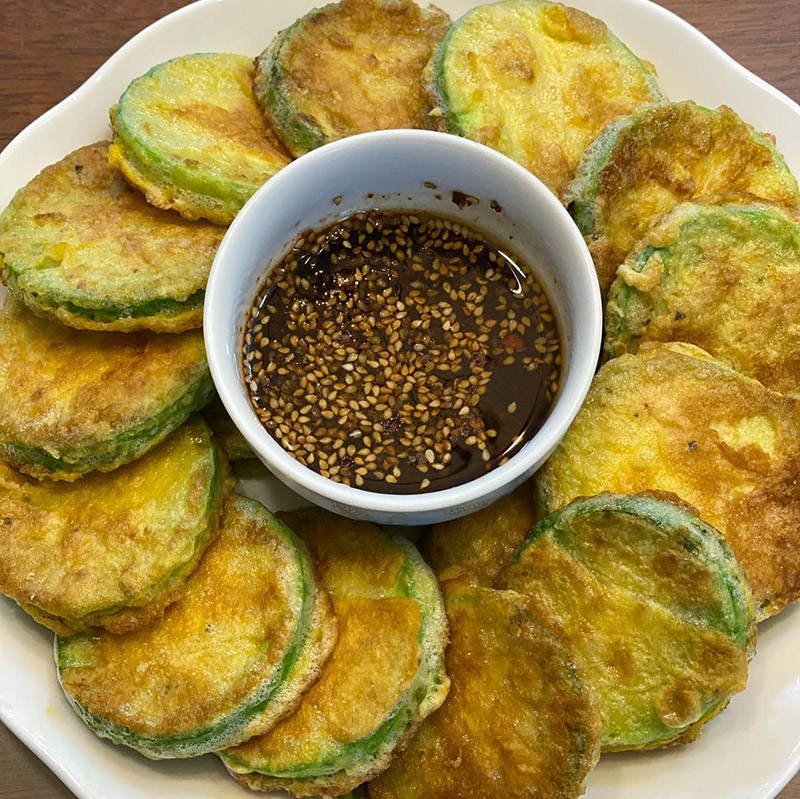 Neatly plated Hobak-jeon, or Zucchini pancake