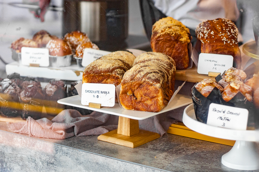 Bakes such as Cinnamon Brioche Loaf and Muffins on Display at La Grigne Patisserie