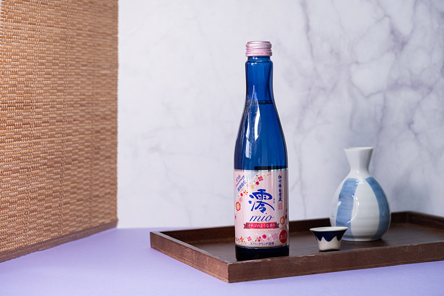 A bottle of Takara ShoChikuBai Mio Sparkling Sake 10th Yr Ichigo Kaori