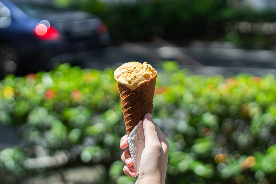 someone holding a cone with salted egg gelato