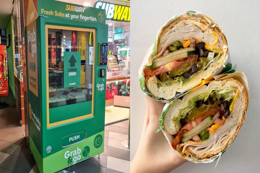 A Subway vending machine in Singapore and a person holding a Subway sandwich