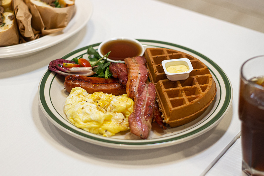 Waffles with House-cured Bacon and Sausage and Scrambled Eggs