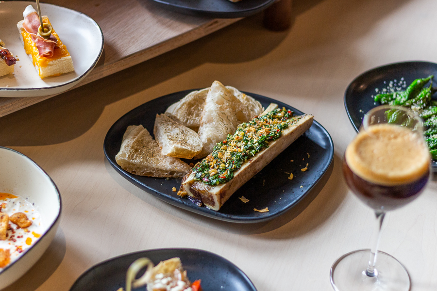 Baked Bone Marrow topped with chimichurri