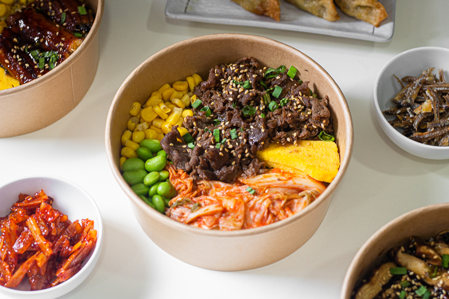 Beef Bulgogi Rice Bowl with Kimchi, Edamame, Corn and Tamago