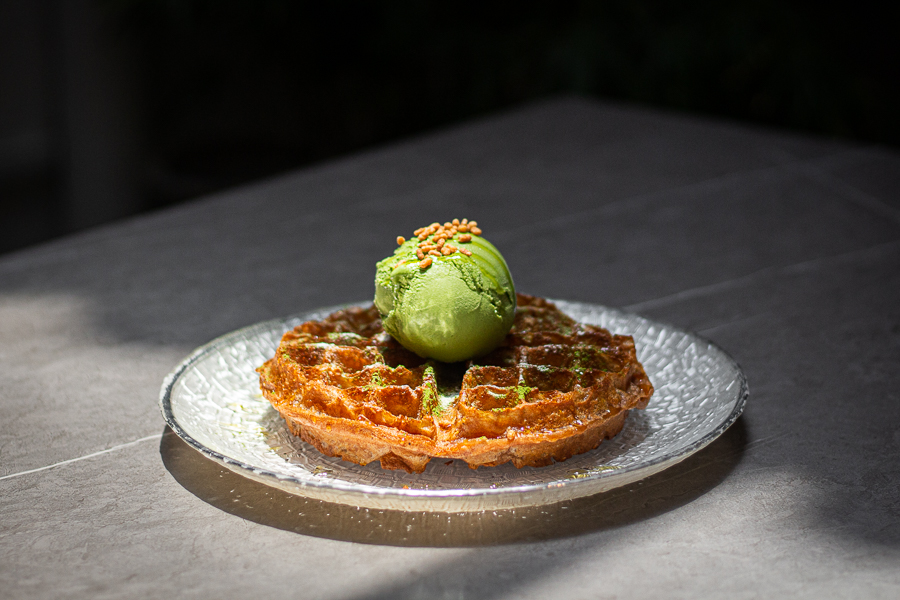 Dairy Free Mochi Waffle with a scoop of Vegan Matcha Gelato