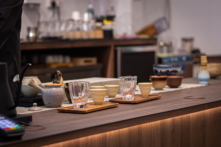 Tea Counter filled with different types of tea cups