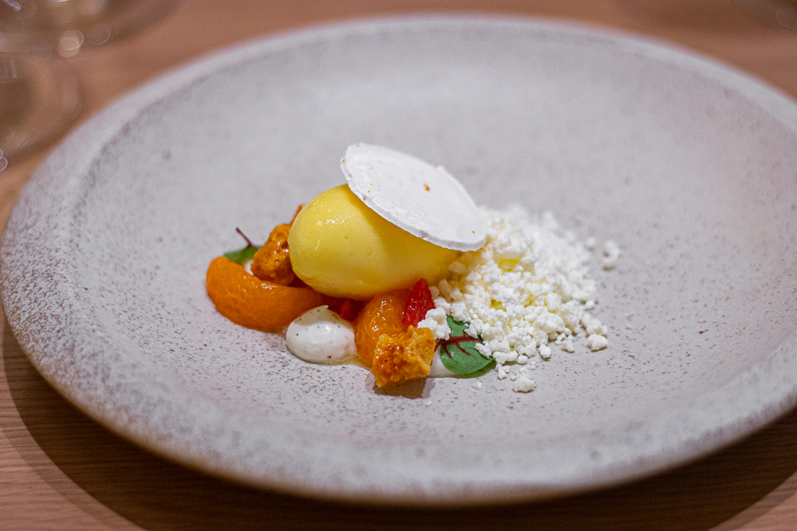 Mandarin Dessert with Mandarin Mint Sorbet, dalgona and mandarin fruit and grapefruit