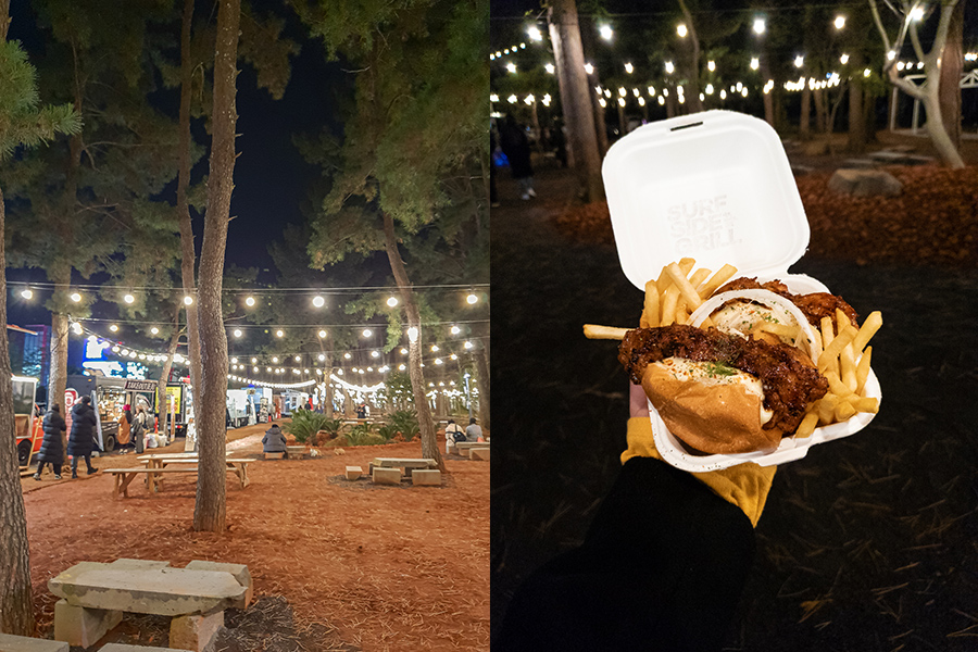 Arboretum Night Market in Jeju and a photo of someone holding a burger from Surfside Grill Jeju