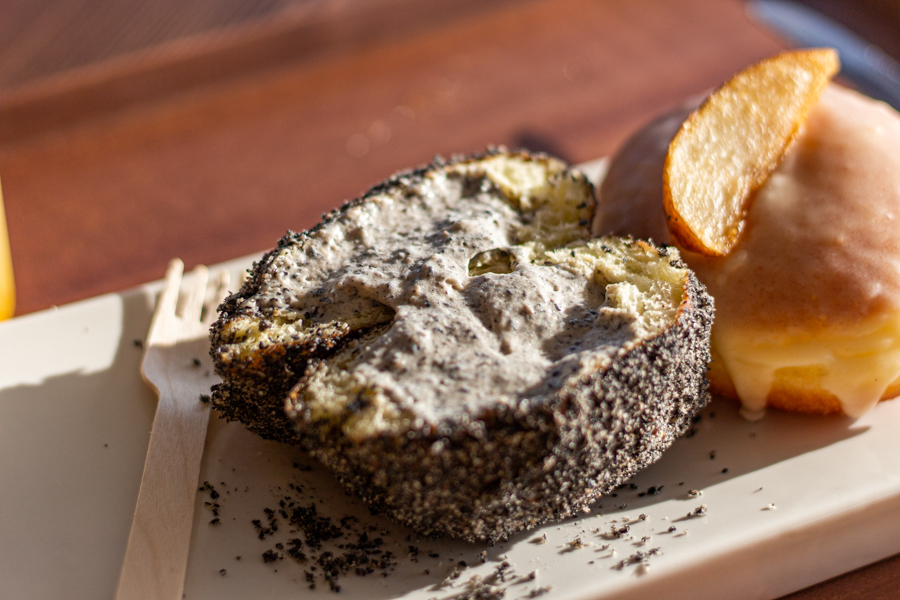 Cross section of a black sesame donut with sesame cream