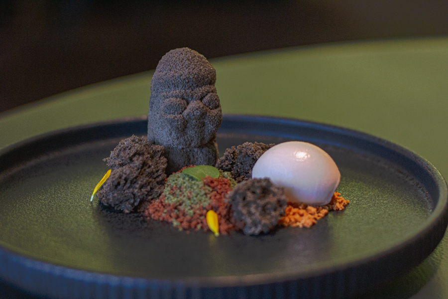 Dessert plated in the shape of a Dolhareubang from Jeju