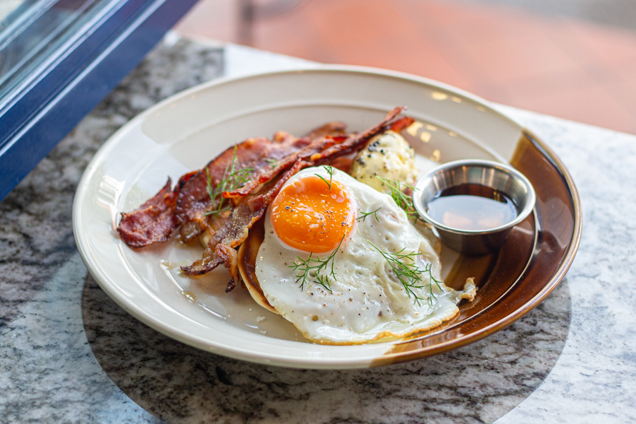Savoury Stack at CMCR Joo Chiat - Pancakes with Fried Egg, Bacon, Maple Syrup and Seasoned Butter