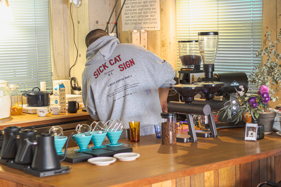 Coffee Counter at Cafe Sick Cat Sign