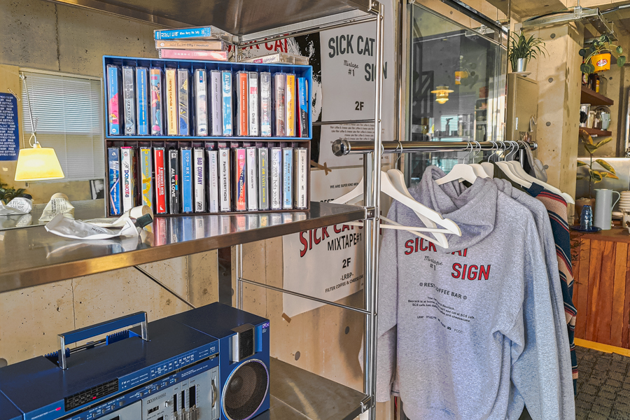 Sick Cat Sign 식캣사인 Retro Items on Display such as Cassette Tapes