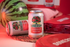 Two cans of Somersby Watermelon Cider with a frisbee and picnic mat in the background
