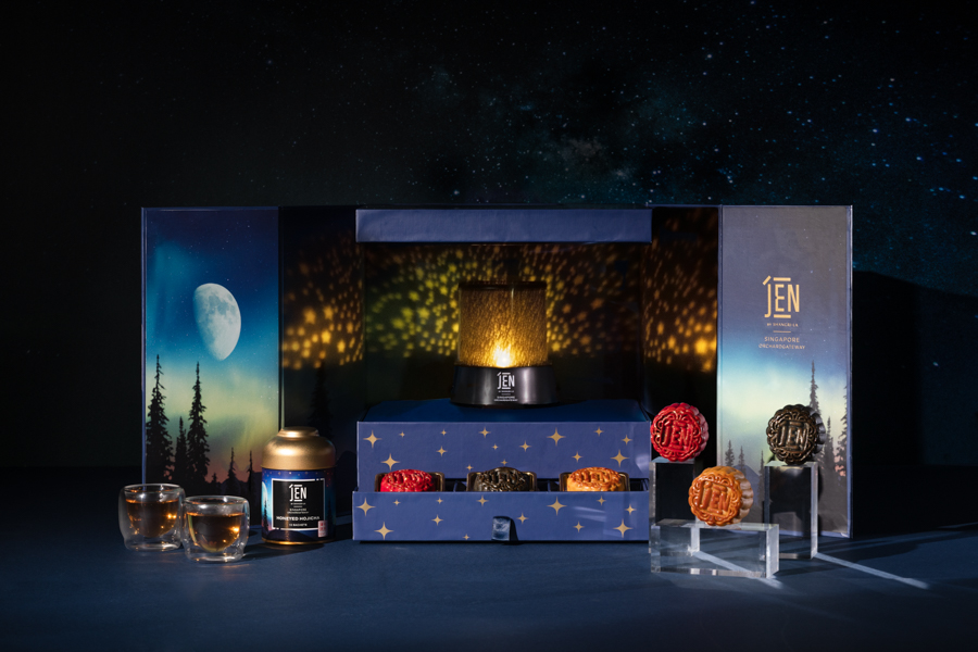 Hotel JEN mooncake gift set with tea blend, galaxy projector and six mooncake