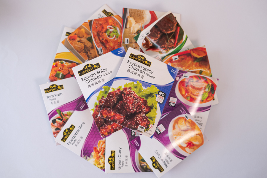 A variety of Dancing Chef sauces and pastes with Korean Spicy Chicken Sauce In The Center