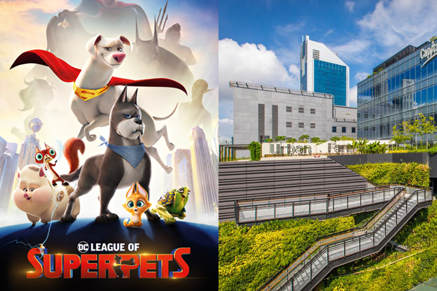 Movie poster of DC League of Super-Pets beside an aerial picture of the Urban Farm, or Funan Roof Garden, at Funan Mall Singapore