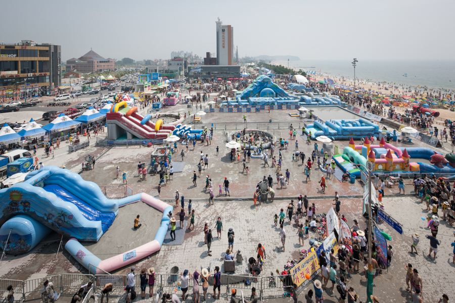 A panorama of the outdoor activities at the Boryeong Mud Festival in Boryeong, South Korea