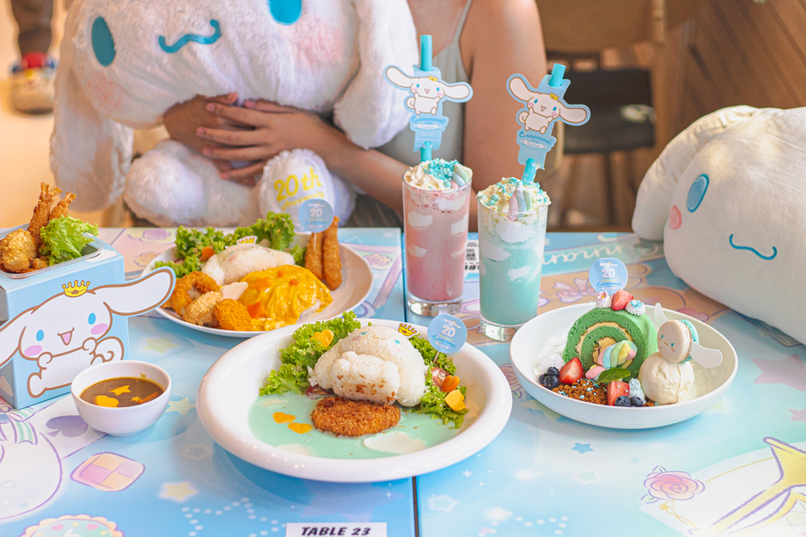 Menu items of Kumoya X Cinnamoroll Pop-up Cafe with frappes, Seafood Curry Rice, Salmon Cream Croquette Rice and a Fluffy Fluff Blueberry Swissroll