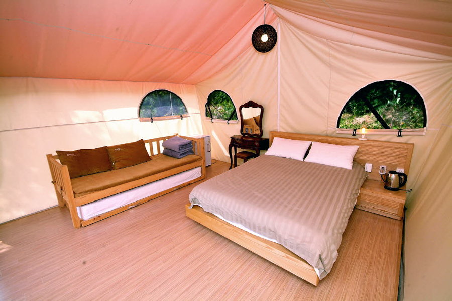 Interior of a glamping cabin at the Sanjeong Glamping Park in Pocheon, South Korea