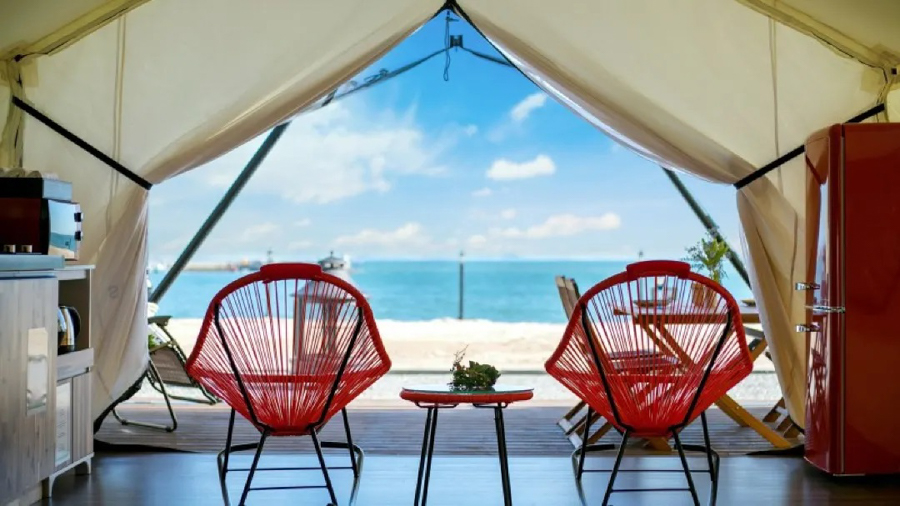 Seaside view from a glamping cabin at Starlight Sea Pension Glamping in Chungcheongnam-Do, South Korea 